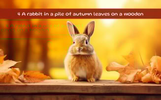A rabbit in a pile of autumn leaves on a wooden