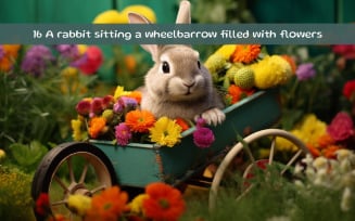 A rabbit sitting a wheelbarrow filled with flowers
