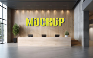 Light yellow logo mockup on wooden wall with office reception counter indoor