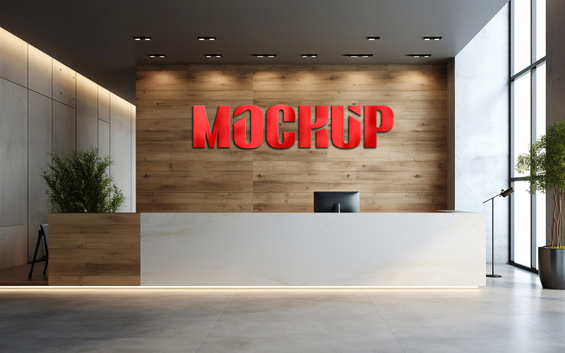 Office counter indoor wooden wall 3d red logo mockup replace your company name Product Mockup