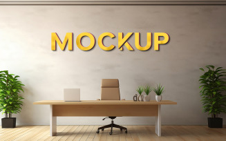 Office manager room wall logo mockup psd Yellow 3d logo mockup on wall