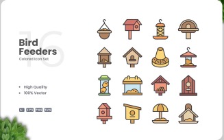 16 Bird Feeders Icon Color Set