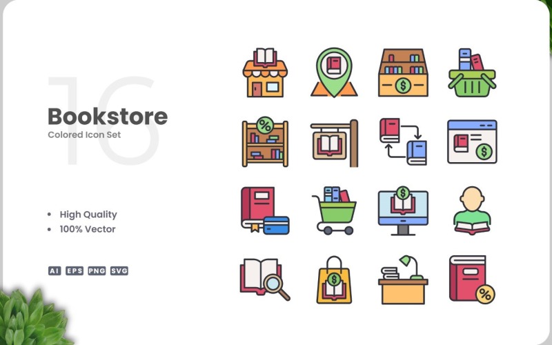 16 Bookstore Icon Color Set Icon Set