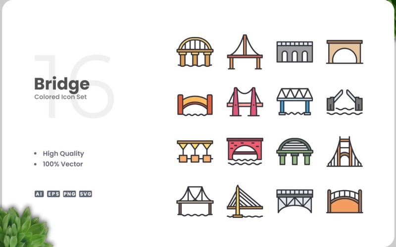 16 Bridge Icon Color Collection Icon Set