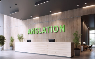 3d green logo mockup on office reception indoor wall