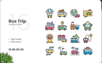 16 Bus Trip Icon Color Set