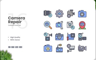 16 Camera Repair Icon Color Set
