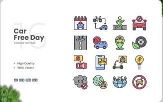 16 Car Free Day Icon Color Set