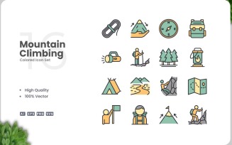 16 Mountain Climbing Icon Color Set