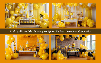 A yellow birthday party with balloons and a cake