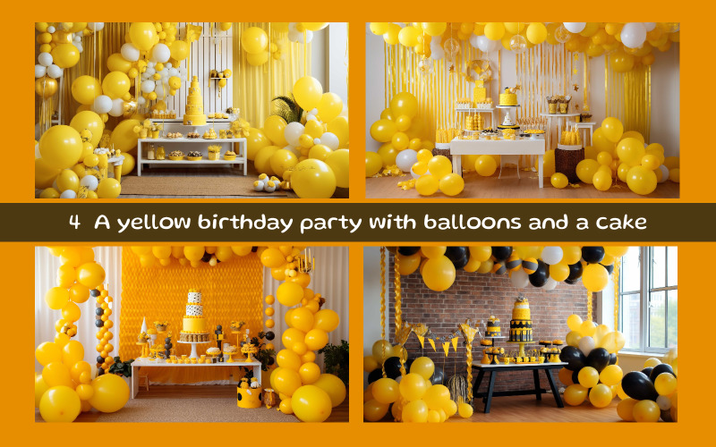 A yellow birthday party with balloons and a cake Background