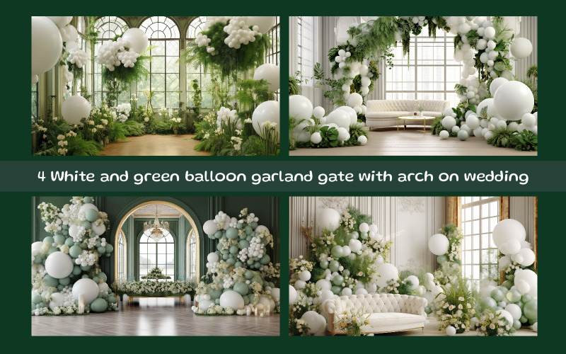 White and green balloon garland gate with arch on ceremony Background