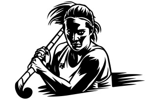 A black and white illustration of a female field hockey player