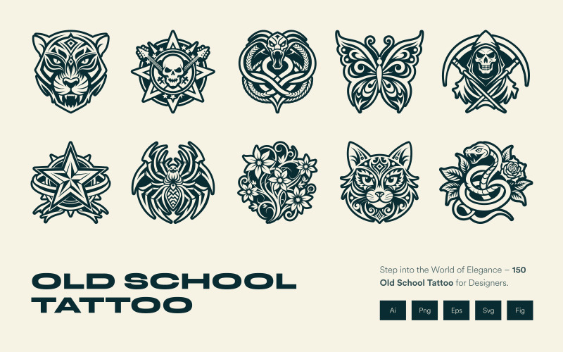 Old School Tattoo Symbols Icon Set