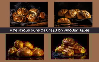 Delicious buns of bread on wooden table