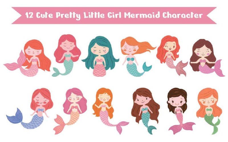 12 Cute Pretty Little Girl Mermaid Character Illustration