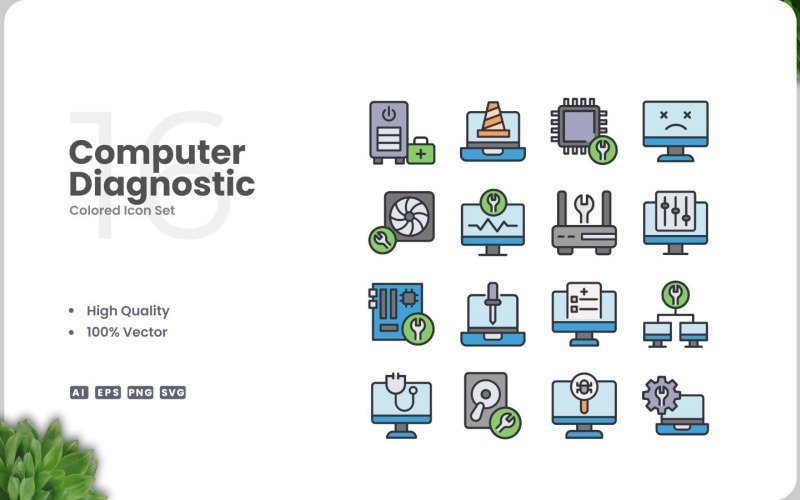 16 Computer Diagnostic Icon Color Set Icon Set