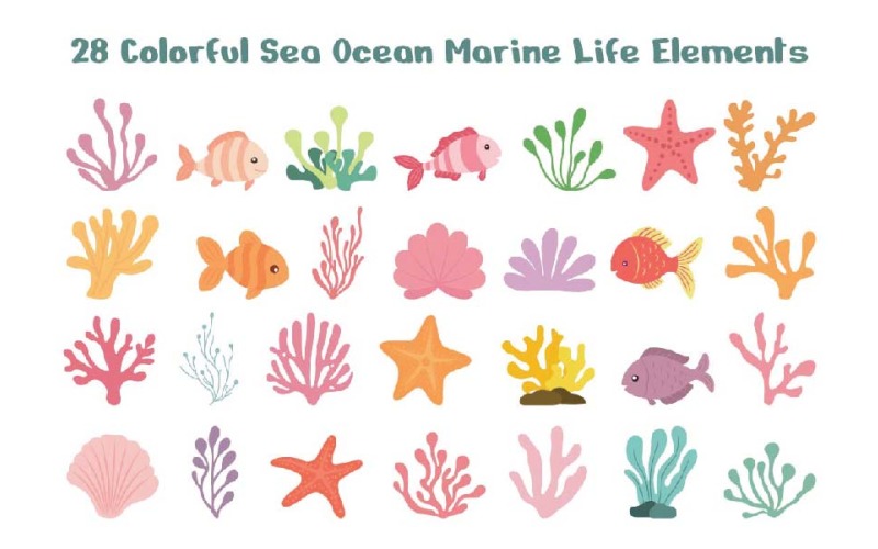 28 Colorful Sea Ocean Marine Life Elements Illustration