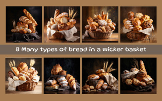 Many types of bread in a wicker basket