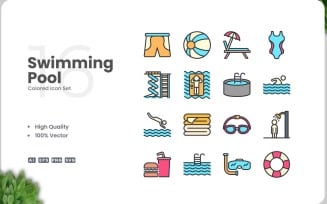 16 Swimming Pool Icon Color Set