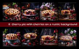 Cherry pie with cherries on a rustic background