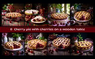Cherry pie with cherries on a wooden table