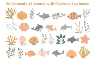 50 Elements of Animal with Plants in Sea Ocean