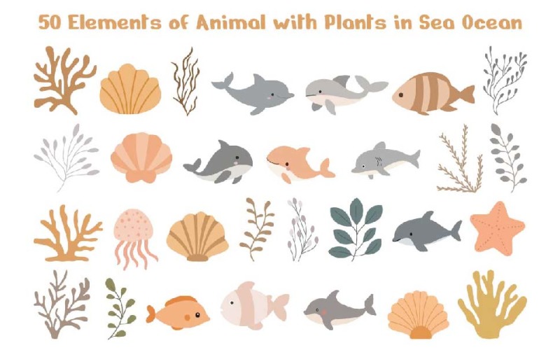 50 Elements of Animal with Plants in Sea Ocean Illustration