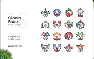 16 Clown Face Icon Color Set