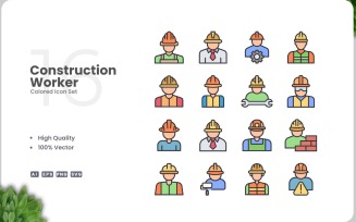 16 Construction Worker Icon Color Set