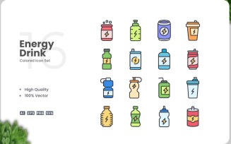 16 Energy Drink Icon Color Set