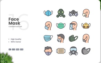 16 Face Mask Icon Color Set