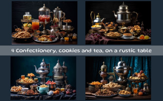 Confectionery, cookies and tea, on a rustic table