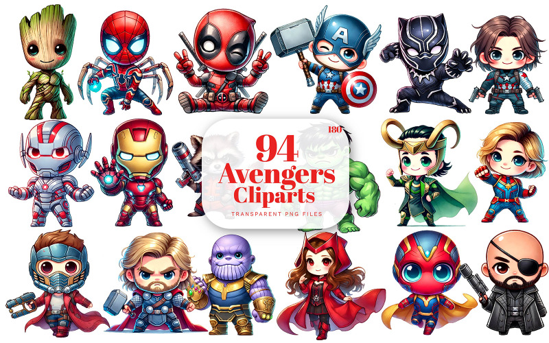 Cute Avengers Clipart, Superhero Clipart, Hulk, Spider Man, Thor Black Panther, Iron Man PNG Illustration