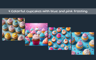 Colorful cupcakes with blue and pink frosting