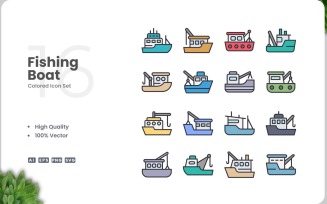 16 Fishing Boat Icon Color Set