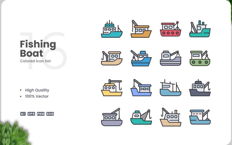 16 Fishing Boat Icon Color Set Icon Set