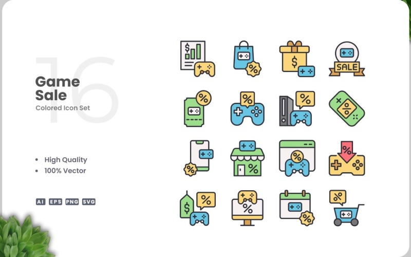 16 Game Sale Icon Color Set Icon Set