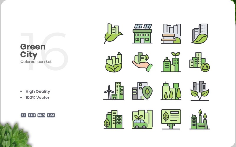 16 Green City Icon Color Set Icon Set