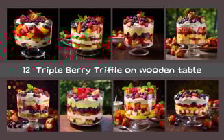 Triple Berry Triffle on wooden table