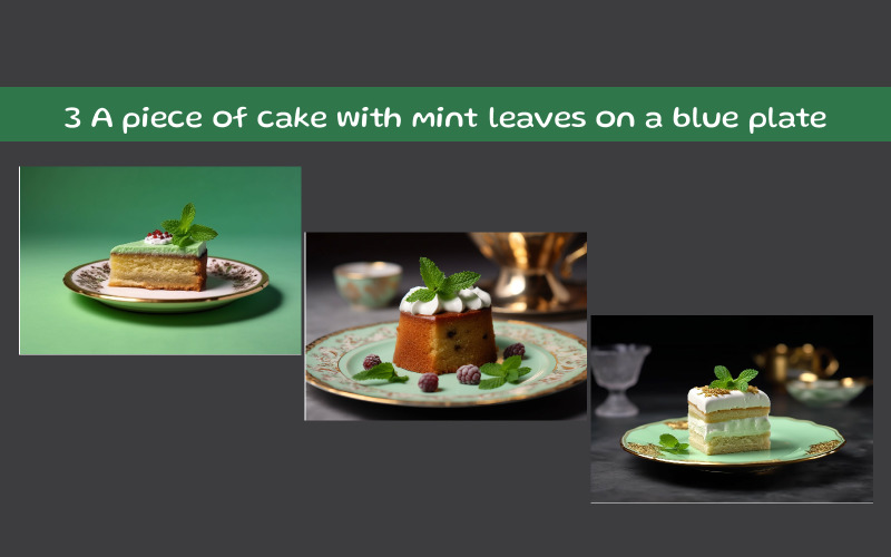 A piece of cake with mint leaves on a blue plate Background