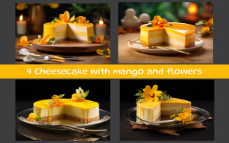 Cheesecake with mango and flowers