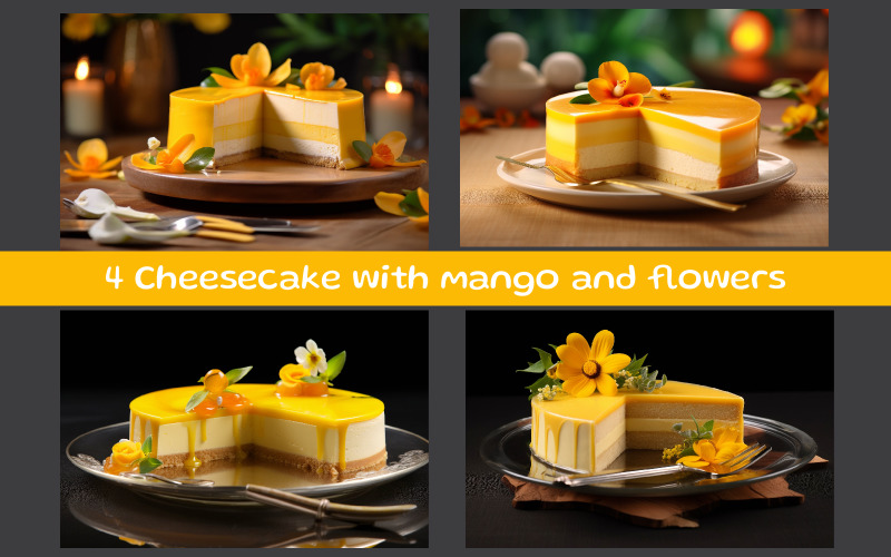Cheesecake with mango and flowers Background
