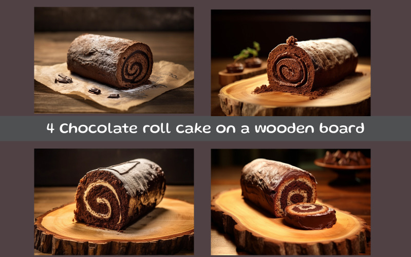 Chocolate roll cake on a wooden board AI image Background