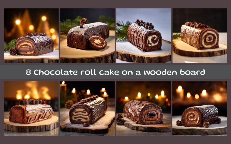 Chocolate roll cake on a wooden board Background