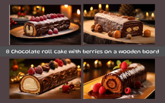 Chocolate roll cake with berries on a wooden board