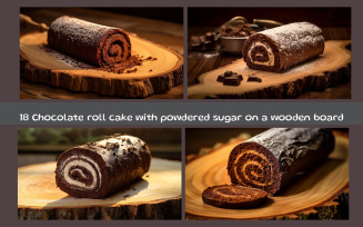 Chocolate roll cake with powdered sugar on a wooden board