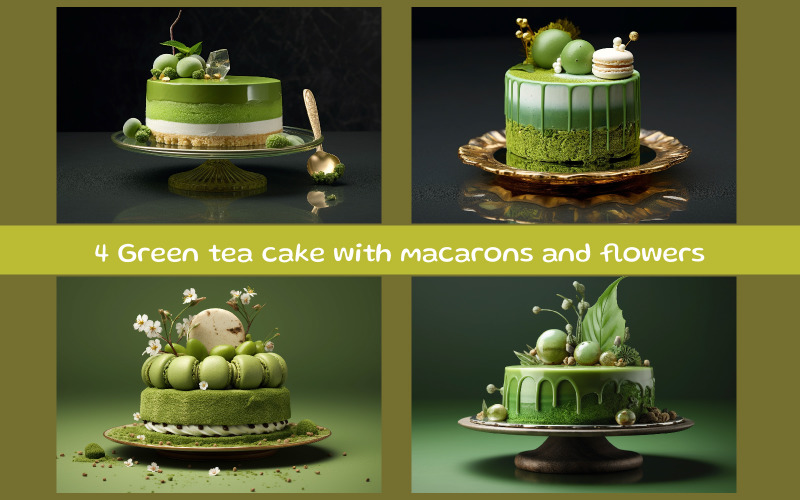 Green tea cake with macarons and flowers on a green background Background