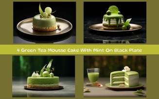 Green Tea Mousse Cake With Mint On Black Plate