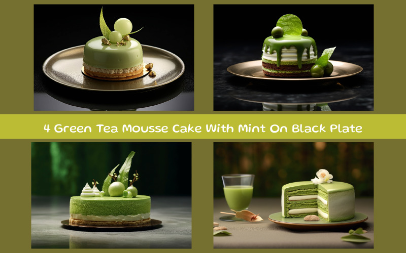 Green Tea Mousse Cake With Mint On Black Plate Background
